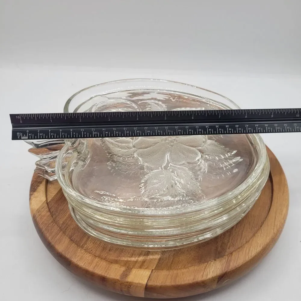 4‎ Vintage Hazel Atlas Clear Glass Snack Plate Apple Shape Floral 8